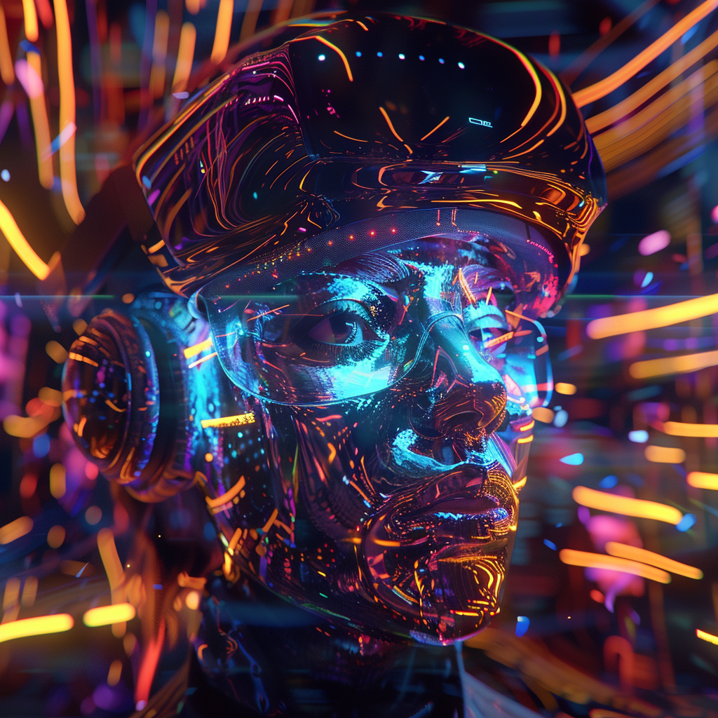 Image of person with digital looking background and glow on their eyes like they're wearing a VR headset